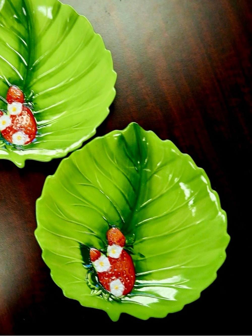 Strawberry Embossed Green Leaf Salad Plates~ Vibrant and Glossy plates~ Set of 2